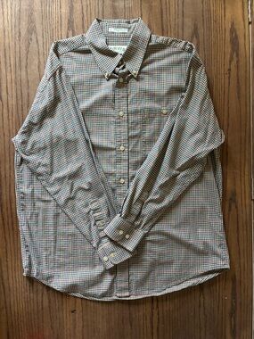 Orvis Long Sleeve Button-Down Shirt in Navy, Red, Gold Plaid; XL